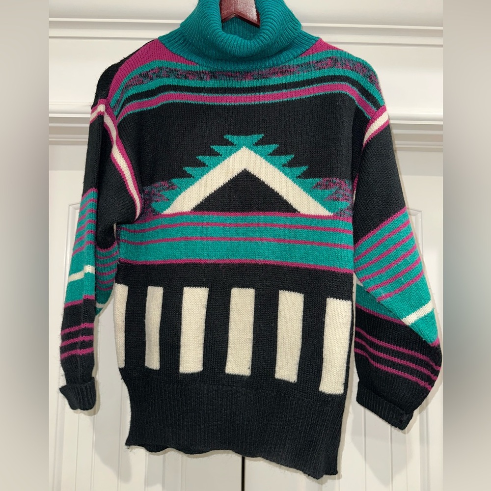 Vintage 80s Expressly for Joyce Sweater | Small | Teal Turquoise Aztec Turtlenec